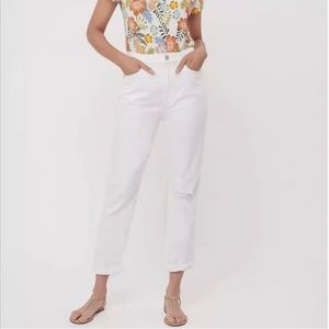 Loft Boyfriend Jeans White Cotton High Waist Rise Distressed Cuffed Jeans Size 6